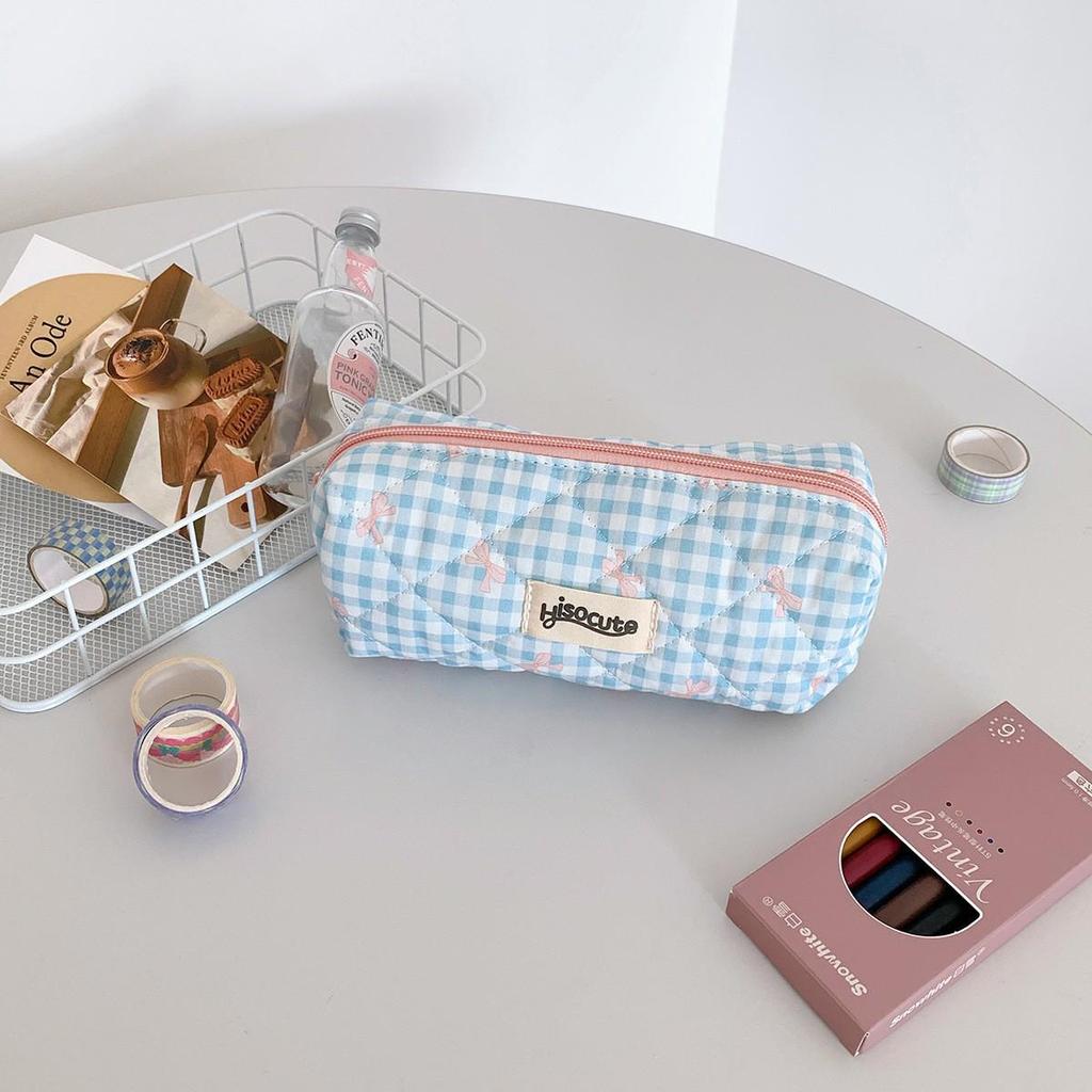 Plaid Bow Makeup and Pencil Case - Stylish and Portable Toiletry and Storage Bag for Students