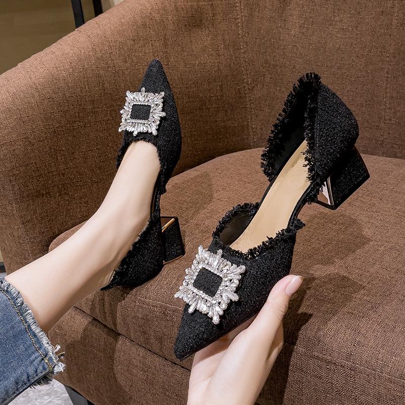 Baotou Sandals Women's Summer New Versatile Thick Heel Fashion French Temperament Hollow Single Shoes Women's Medium Heel Pointed High Heels