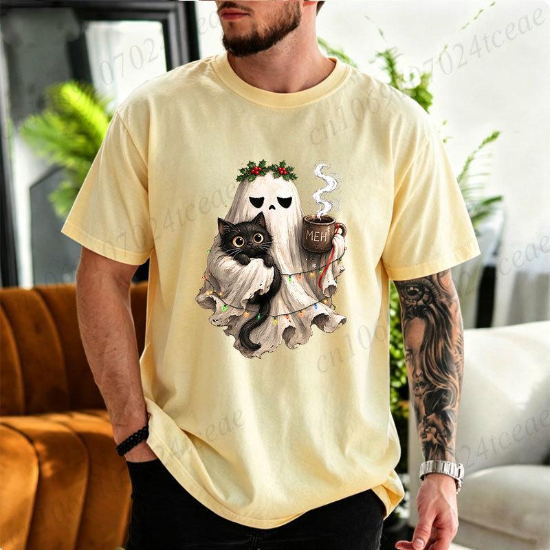Cotton T-Shirt Spooky Christmas Tshirt Goth Black Cat Christmas Graphic Tee T‑shirt Funny Coffee Cup Tshirts Vintage Gothic Holiday Tops Gifts