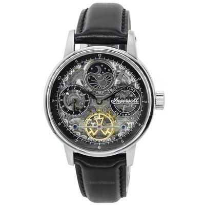 The Jazz Sun and Moon Phase Correa de cuero Esqueleto Esfera plateada Reloj automático para hombre I07701