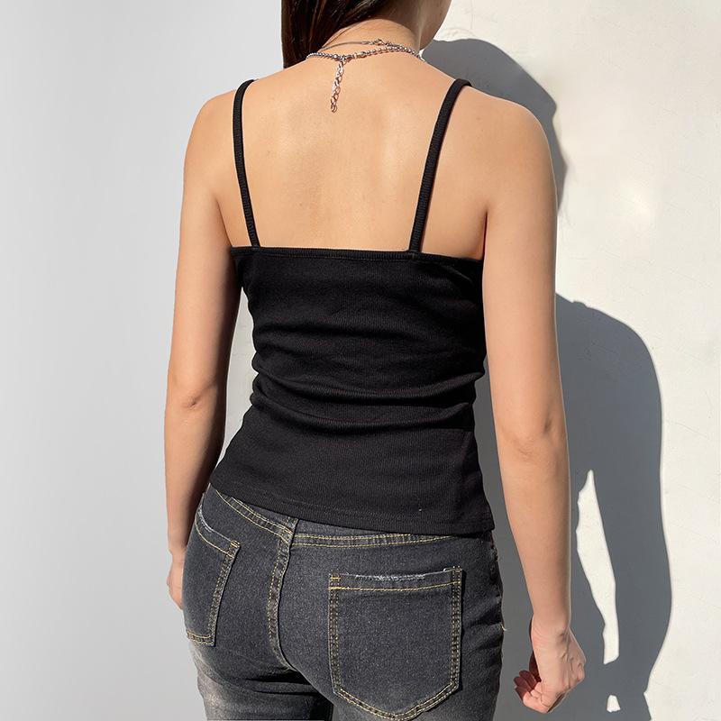 Sexy Falten Knöpfe Ärmelloses Crop Top Schwarz Vintage Y2K Korsett Tops Casual Basic T-Shirt
