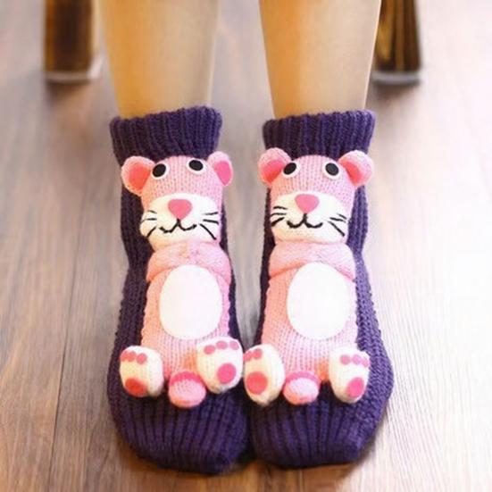 1 Pair Knitted Animal Socks Autumn Winter Thick Warm Knitting 3D Animal Doll Mid-calf Socks Women Stretch Home Floor Carpet Sleeping Socks