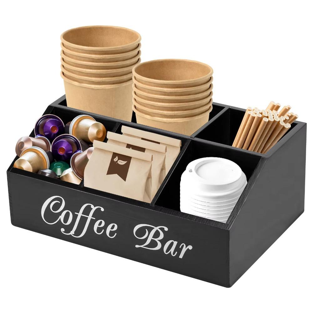 Multi-compartment Countertop Coffee Bar Organizer Wooden Tea Bag Basket Coffee Storage Box  Office