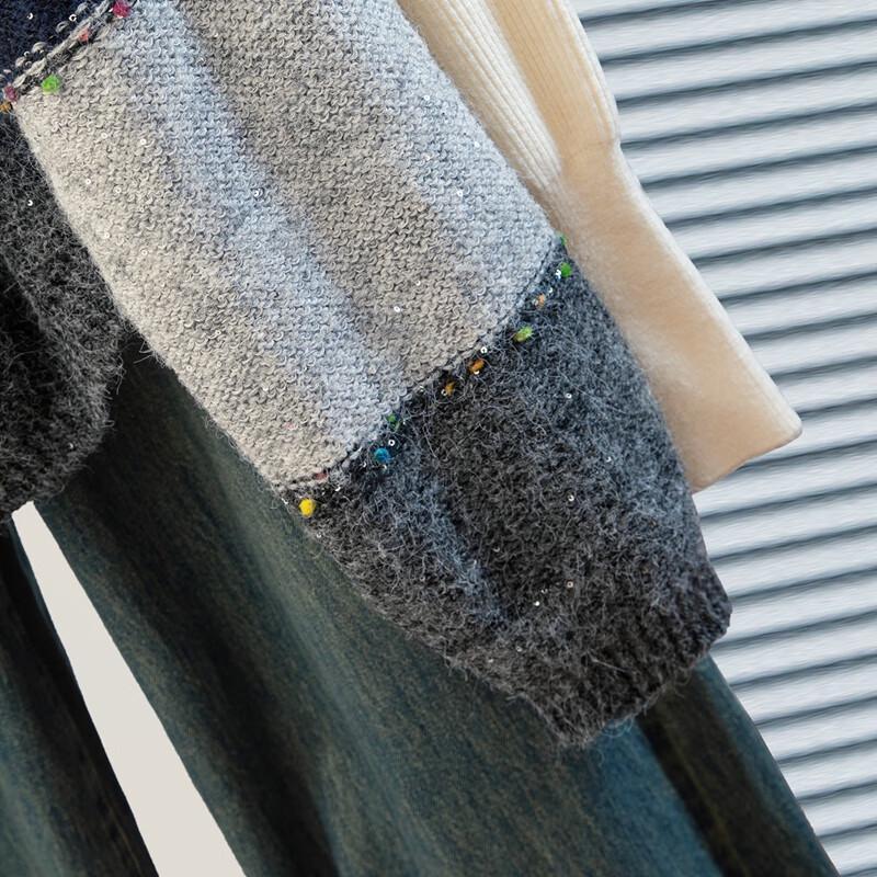 Women's Loose V-Neck Color Block Knit Pullover