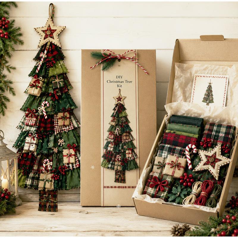 DIY Patchwork Christmas Tree Kit, Farmhouse Fabric Xmas Wall Hanging Ornament Craft Set, Complete Sewing Material Kit for Gifts