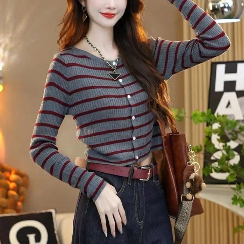 Women's Gray Striped Knitted Cardigan Coat - Round Neck, Long Sleeve, Slimming Inner Layer Sweater Top