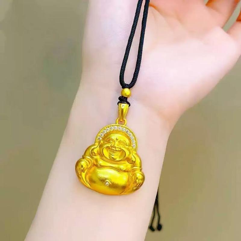 Classics Glossy Maitreya Buddha Pendant Antique Gold Craftsmanship Vintage Inlay Dot Diamond Necklace Charms Banquet Jewelry