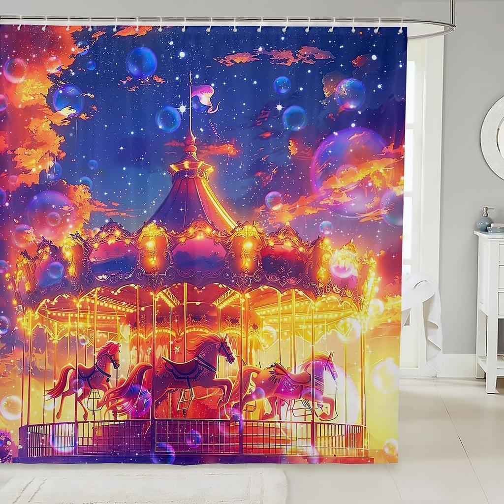 Cartoon Circus Bathroom Curtains Happy Holiday Shower Curtain Sets for Kids Boys Girls Funny Ferris Wheel Shower Curtain Funny