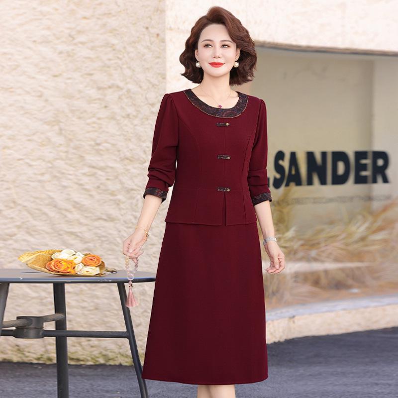 

2026 Chinese Style Spring Dress for Middle-Aged & Elderly Women - Plus Size, Round Neck XL (45-53 kg) червоний