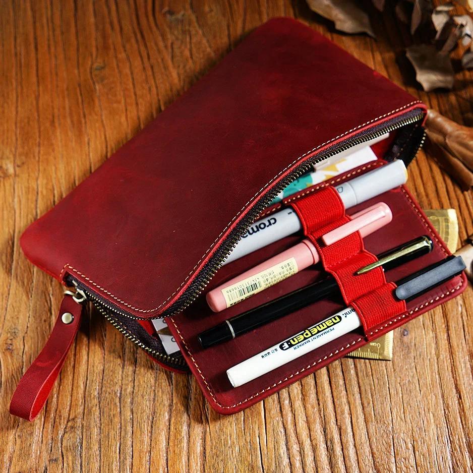 Leather Zipper Pen Case Leather For Men Women Holder Bag Pen Pouch Removable Pen Tray Organizer for School Student Stationery