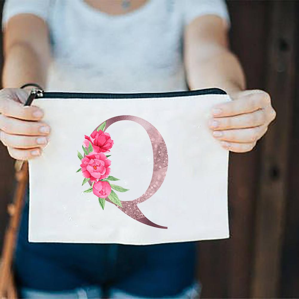 Pink Flowers Alphabet A-Z White Canvas Makeup Bags Zipper Cosmetic Pouch Ladies Casual Fashion Storage Organizer Make Up Bag