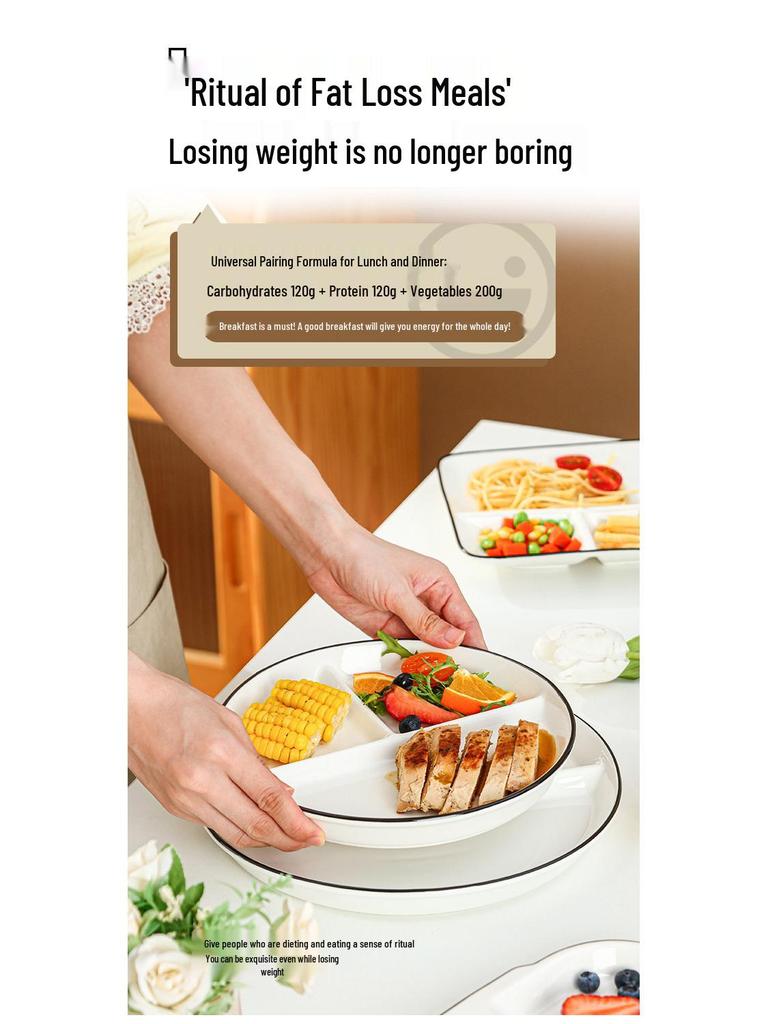 Portion Control Ceramic Plate: Round 3-Compartment, Square 5-Compartment for Diet & Kids' Meals