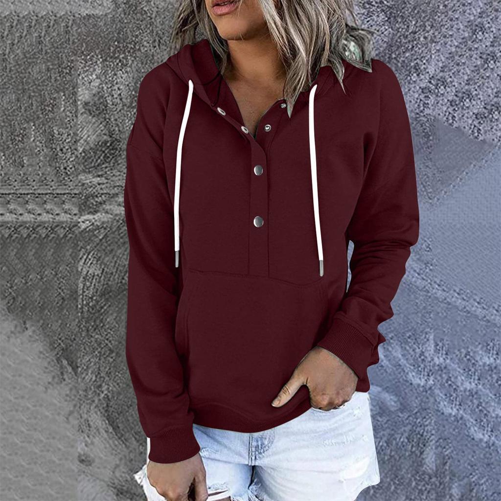 Damen Pullover Hoodies Tops Lässige Button-Down-Sweatshirts mit langen Ärmeln und Taschen