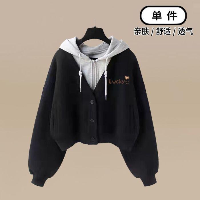 Women's 2 Piece Tracksuit Set Fake Two Piece Hooded Crop Sweatshirt & Elastic Waist Wide Leg Pants Loose Casual Spring Fall Matching Outfit