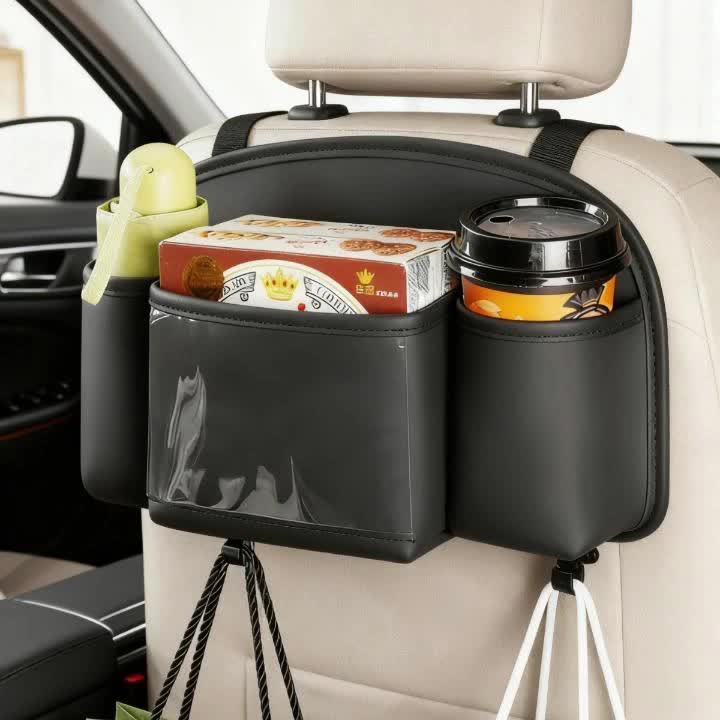 Car Seat Back Organizer with 2 Strong Hooks - Built-In Tissue Holder, Cup Holder & Phone Pocket, Practical Car Storage Accessory