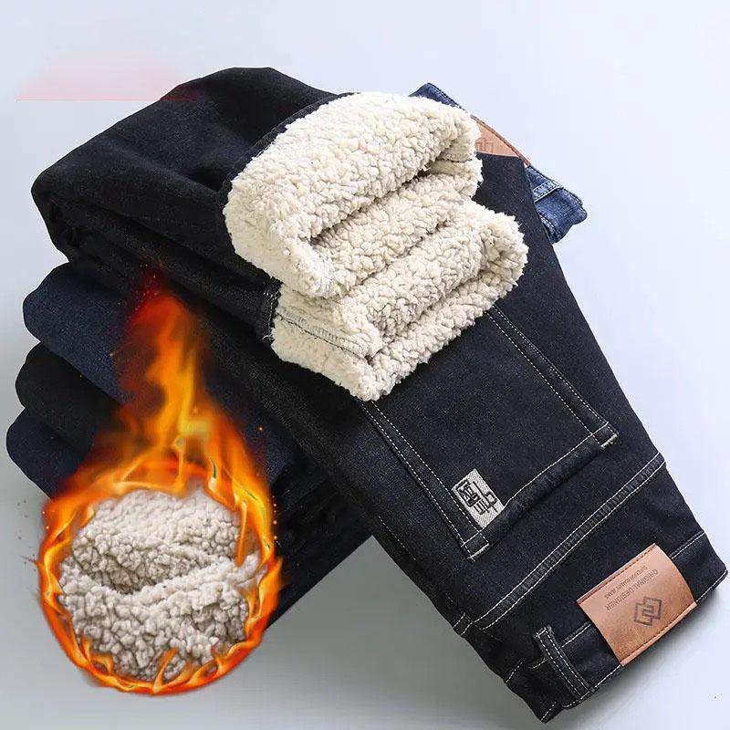 Winter Warm Fleece Jeans Men Straight Stretch Thick Casual Thermal Denim Pants Male Business Work Trousers Men Clothing
