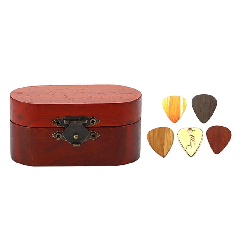 Wood Guitar Pick Storage Box Container Portable Guitar Pick Box Holder Collector with 5 Guitar Pick Gift for Guitarist