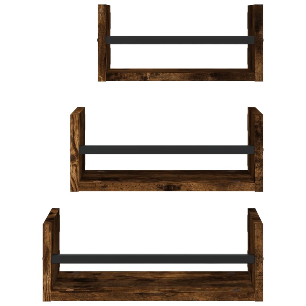 3 Piece Wall Shelf Set with Bars Smoked Oak Wood Based Material
