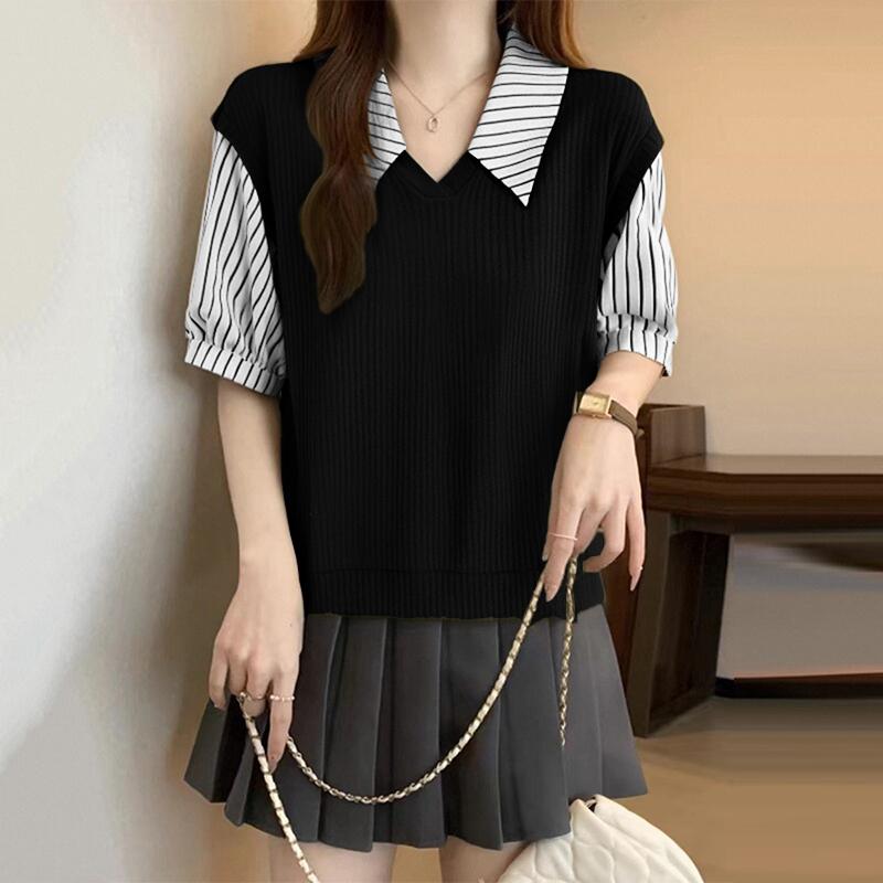 

ZANZEA Женская повседневная блузка с отложным воротником, в полоску, пэчворк, с рукавом три четверти S чёрный