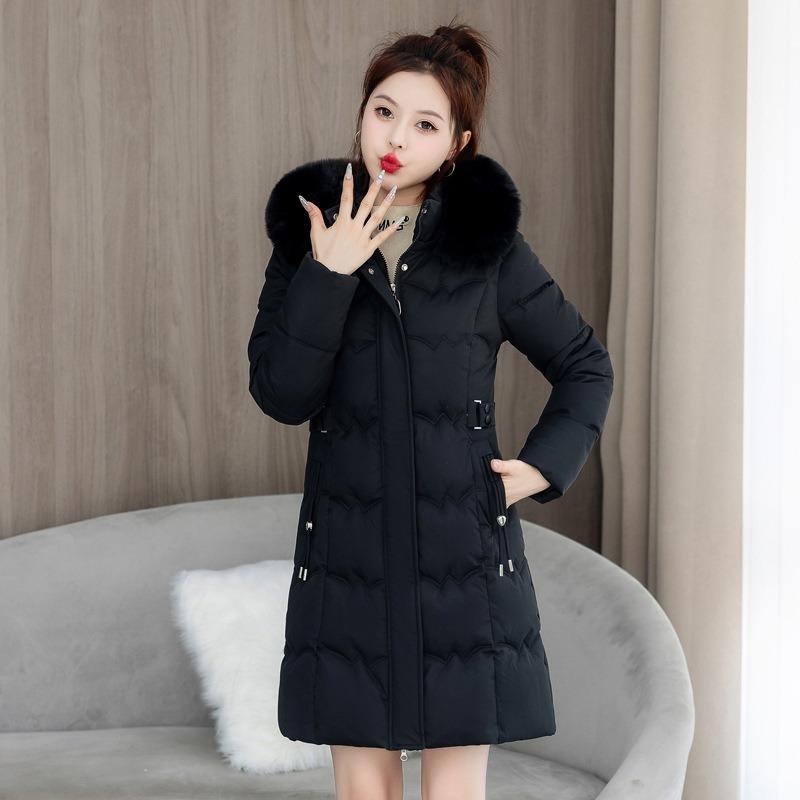 New Big Fur Collar Padded Jacket Winter Coat Fashion Medium and Long Hooded Padded Jacket Waist Rope Thin Padded Jacket Women