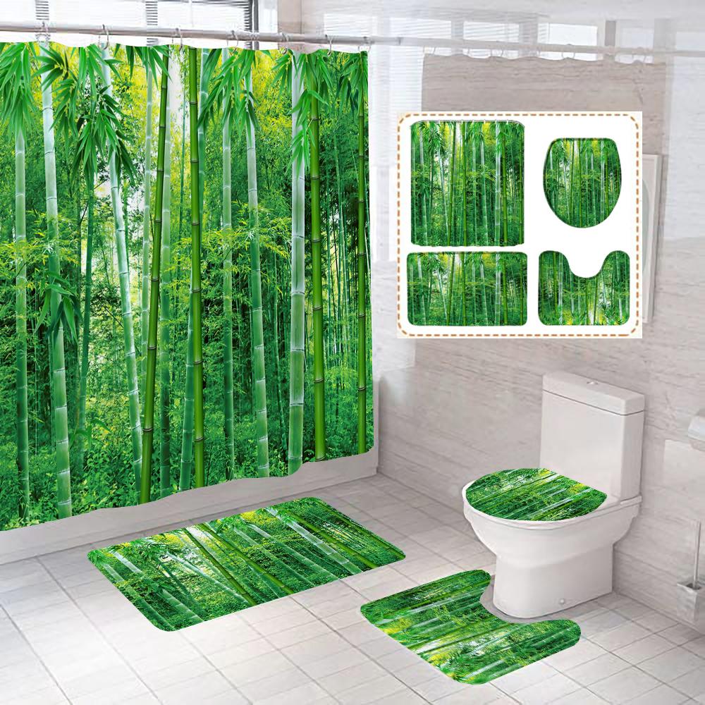 Grüne Pflanzen Bambus Blumen Zen Stein Badezimmervorhang Polyesterstoff Duschvorhänge und Teppiche Toilettendeckel Badematten Set Dekor