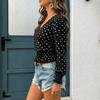 Women's Round Neck Long Sleeve Polka Dot Print Shirred Blouse Casual Top