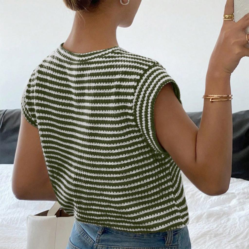 Women's Fashion Striped Round Neck Knitted Short Sleeved Pullover T-shirt Top