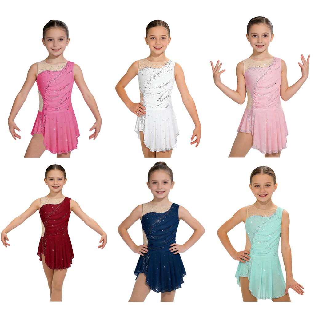 Girls Figure Skating Dress Sleeveless Sparkly Rhinestones Ruched Mesh Built In Briefs Dancewear