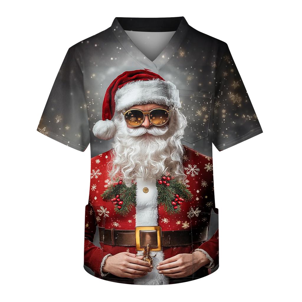 Herre Trykk Kortermet V-hals Arbeidsbluse Brystlomme Omsorgstopp