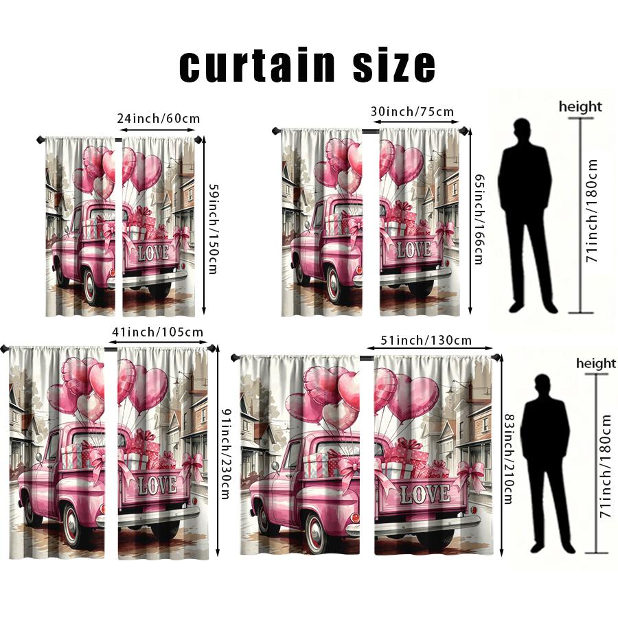 2PCS Pink Love Truck Romantic Curtains   American Sweet Element Style   Bedroom and Living Room   Drawbar Pocket Decoration