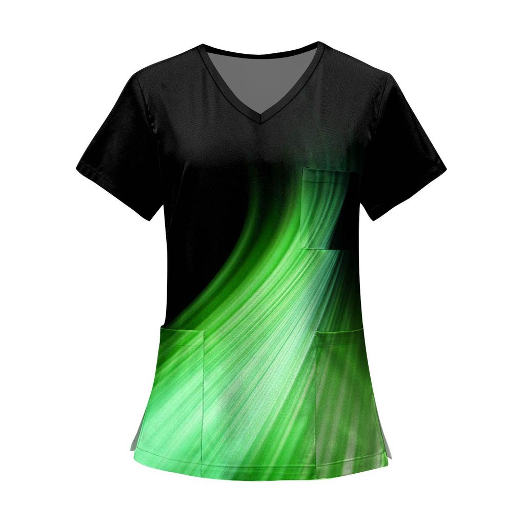 Women's Fashion Printed Short Sleeve V Neck Pattern Tops Pocket Working T-shirts