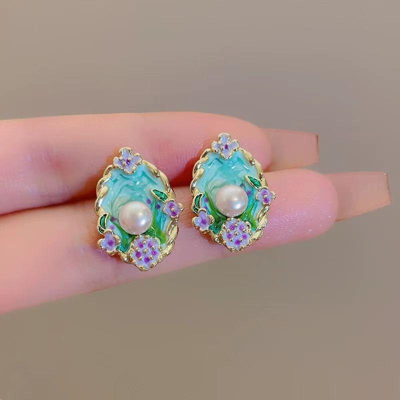 

Винтажный принт Красочные серьги-пусеты Модные геометрические серьги-цветы для женщин Изысканные украшения для ушей с имитацией жемчуга золотой