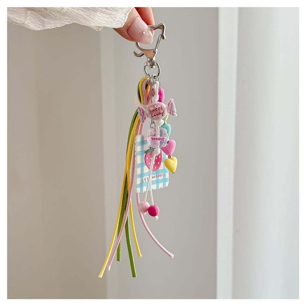 Cute Strawberry Print Card For Women Cat Shape Spring Clip Pastel Bead Candy Charm Colorful Accessories Bag Charm