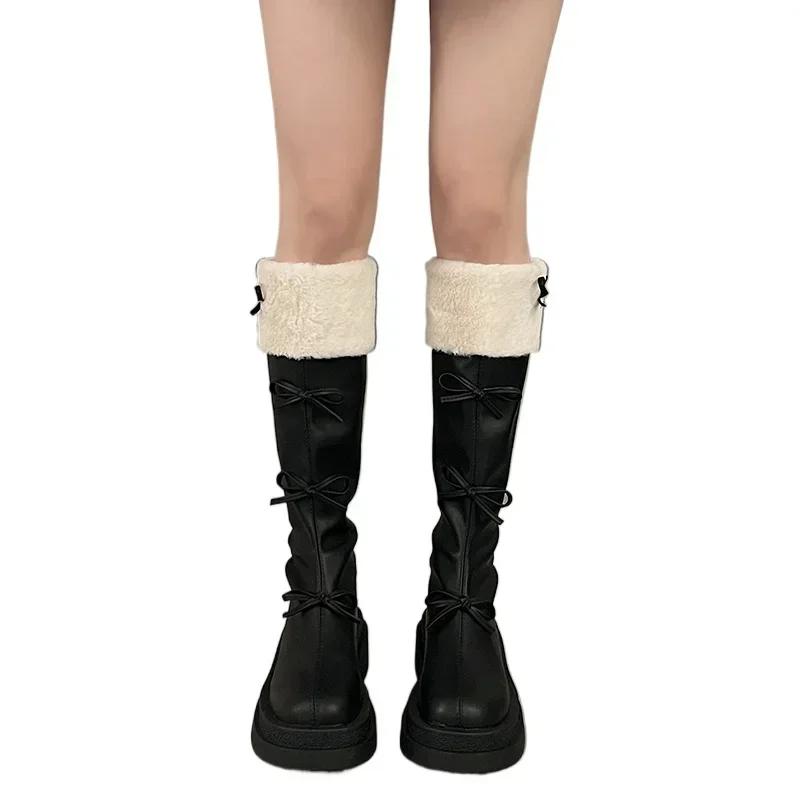 Fashion Women's Shoes 2024 Knee-High Women's Boots Platform Modern Boots Women Back Zip Bow Tie Round Toe Med Heel Warm Ladies Shoes