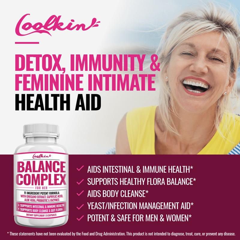 Coolkin Complex Capsules, containing oregano, aloe vera extract, probiotics, and digestive enzymes, suitable for adults.