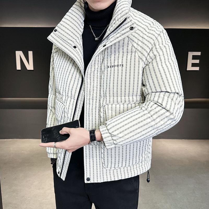Trendy Brand Men's 2025 Winter White Duck Down Striped Puffer Jacket with Gold Thread and Soft Fur