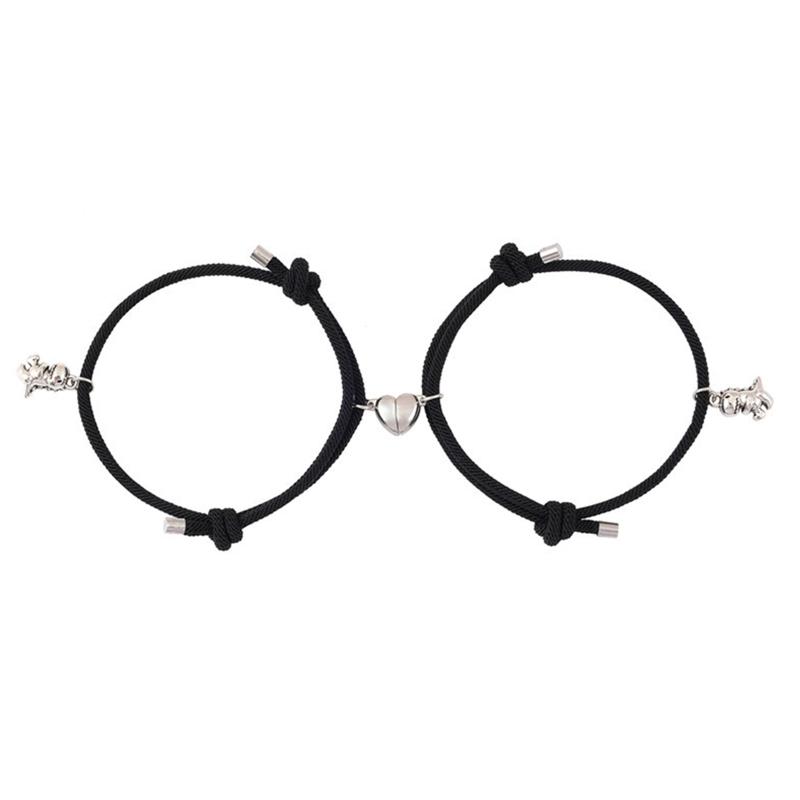 2pcs Magnetic Alloy Dinosaur Pendant Heart Charm Couple Bracelets Lover Friend Men Women Braid Rope Bangle 1