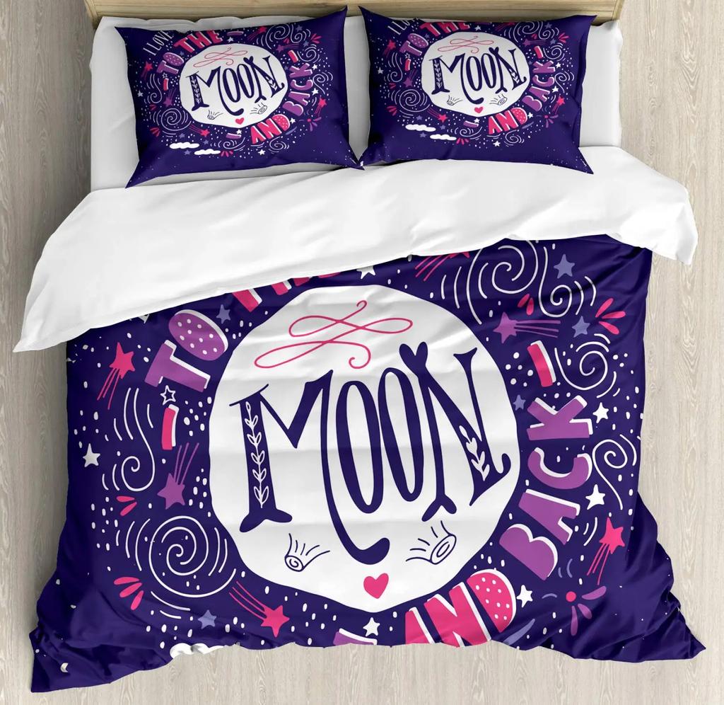 I Love You Duvet Cover Hand Drawn I Love You To The Moon And Back Words With Stars Celebration King Size Polyester Bedding Set