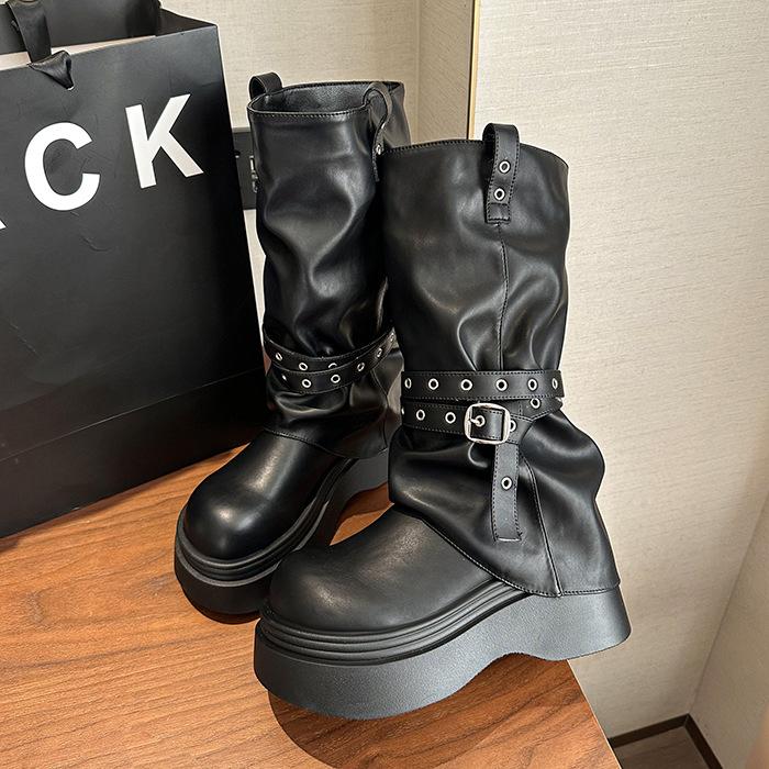 White retro platform boots women's boots 2025 new autumn versatile small height-increasing and thin trouser boots