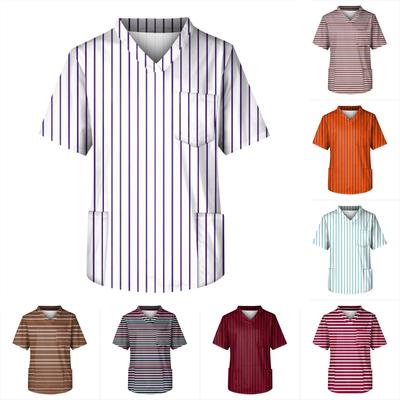 Blusa de trabajo con cuello en V y manga corta estampada para hombre, con bolsillo en el pecho