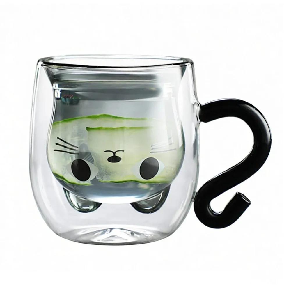 250-300ml Cat Mugs Double Glass Cup Large Capacity Portable Bear Cartoon Coffee Cup Tea Cups with Handle Glass Water Milk Mug