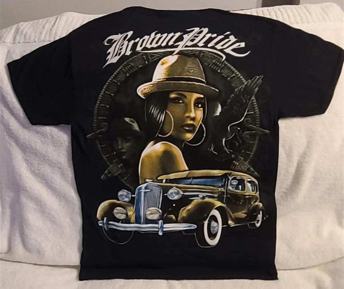 BROWN PRIDE AZTEC CALENDAR EAGLE GANGSTER CAR CHICA MEXICO T-shirt 3XL