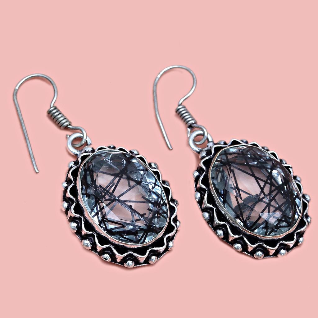 Black Rutile Set Pendant Jewelry Earring 18-20'' Gemstone Handmade