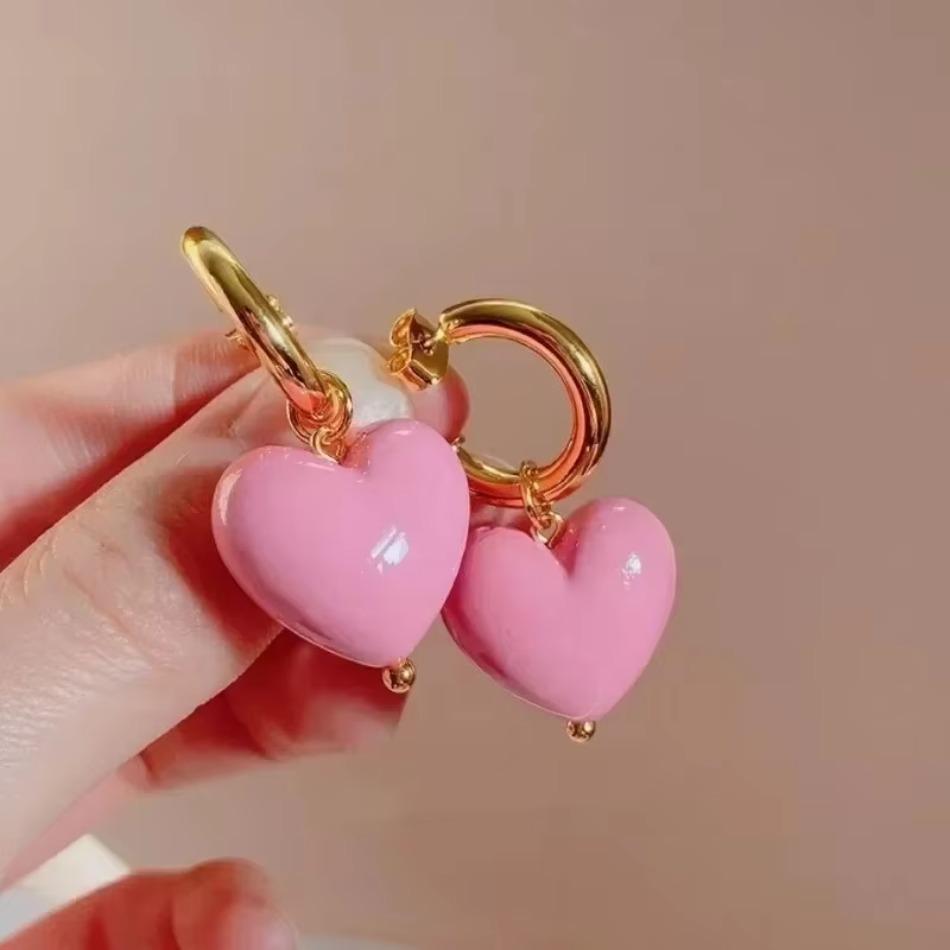 Candy Color Heart Necklace Fashion Girl's Vintage Sweet Pink Heart Pendant Earrings Freshwater Pearl Contrast Earring Design