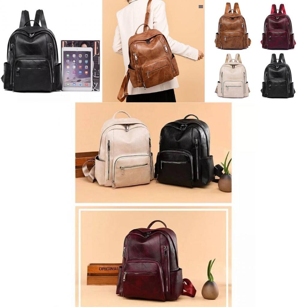 Stylish Pu Leather European Retro Casual Backpack For Women Soft Zipper Closure