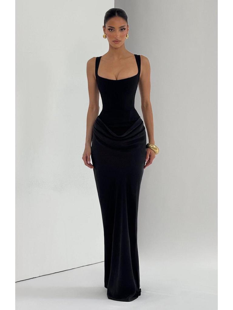 Women's Spring Slim Fishbone Strappy Long Dress - Solid Color Hip-Hugging Design
