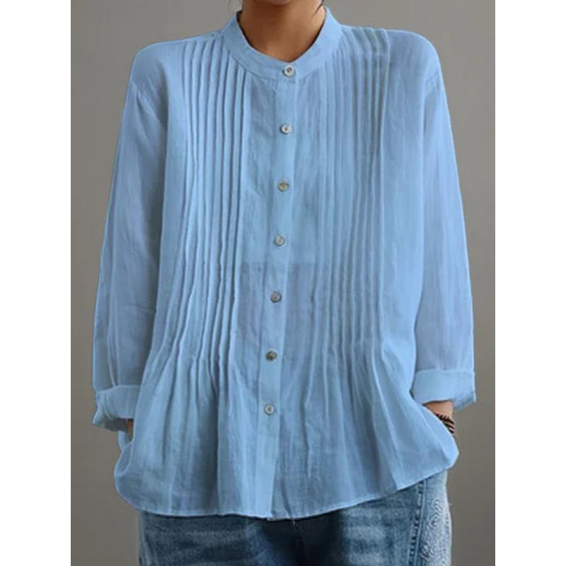 Cotton Linen Stand Up Collar Shirt Women's Solid Color Pleated Fashion Versatile Cardigan Temperament Tops