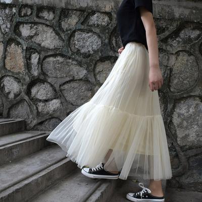 Solid Color Stitching Mesh Fluffy Skirt Women's Big Swing Gauze Skirt
