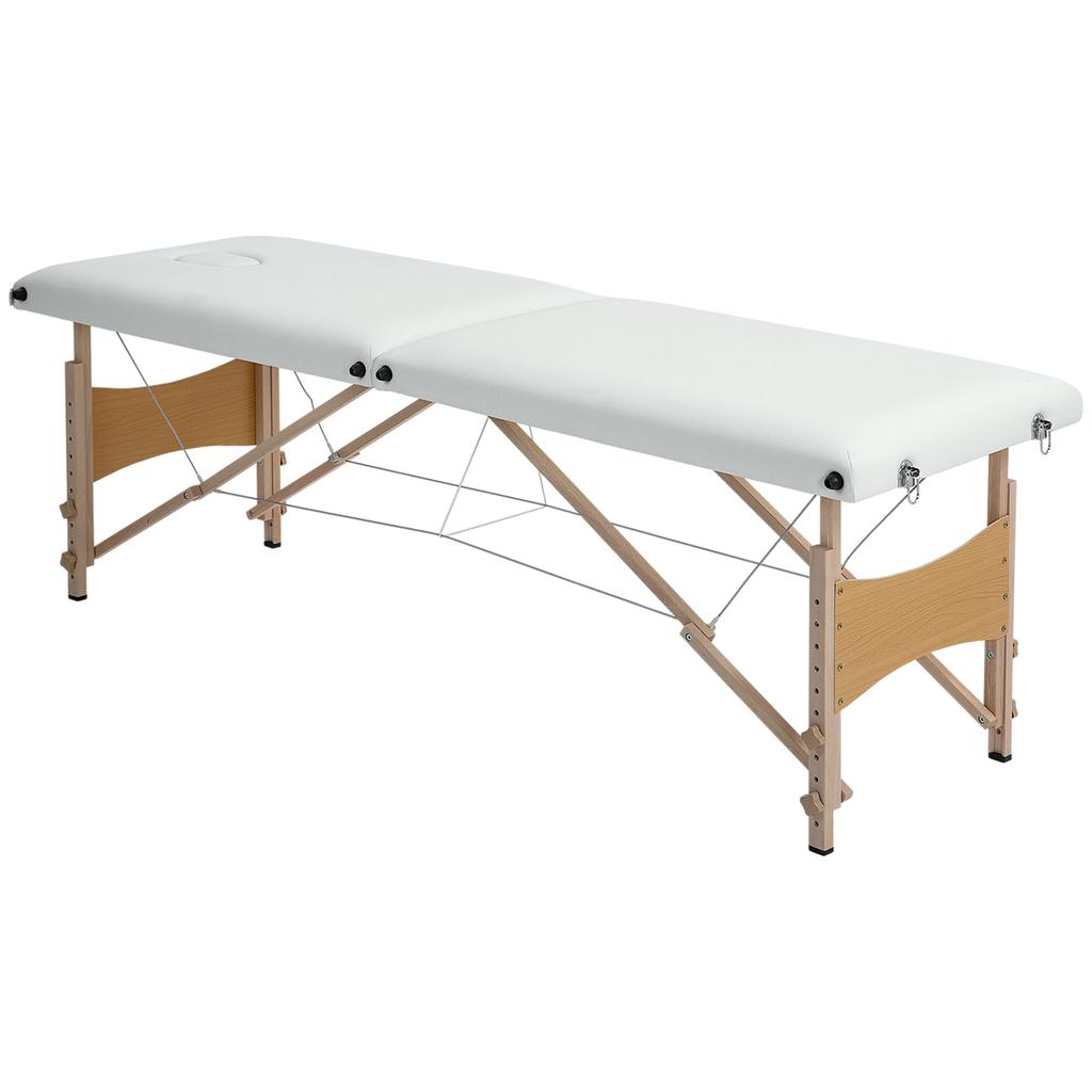 Mobile Massage Table 2 Zones Foldable Height-Adjustable Massage Table 60 Cm Wide with Carrying Bag Wooden Legs Cream White