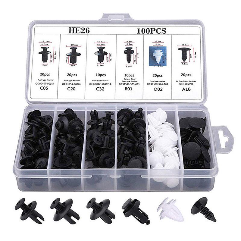 100Pcs Mixed Auto Fastener Clip Car Body Push Retainer Pin Rivet Bumper Door Trim Panel Retainer Fastener Kit Car Accessories